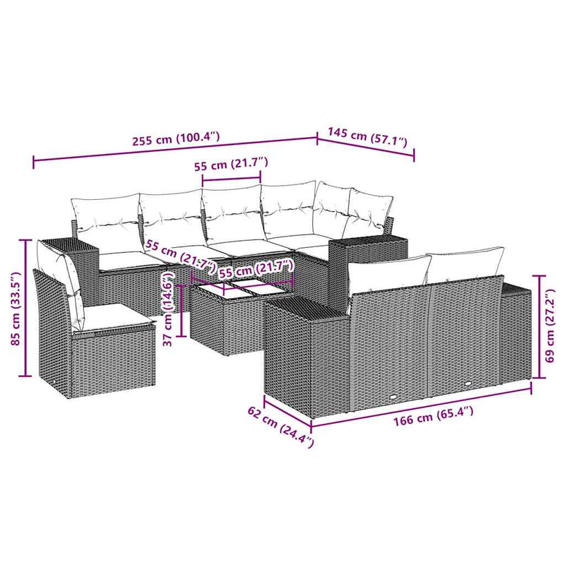 Set mobilier de grădină cu perne, 9 piese, negru, poliratan