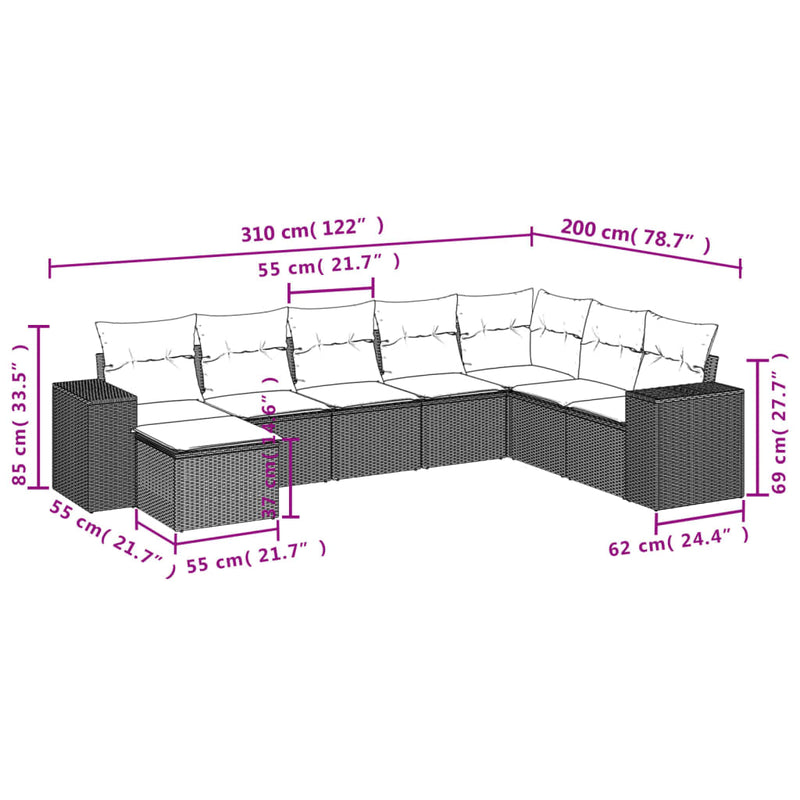 Set mobilier de grădină cu perne, 8 piese, negru, poliratan