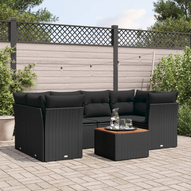 Set canapele de grădină cu perne, 7 piese, negru, poliratan