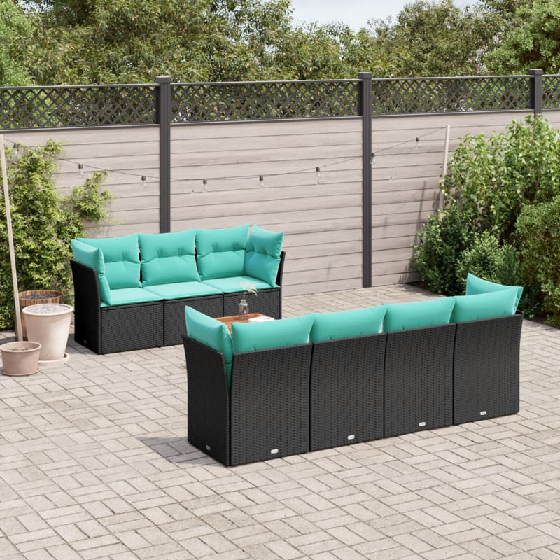 Set canapele de grădină cu perne, 8 piese, negru, poliratan