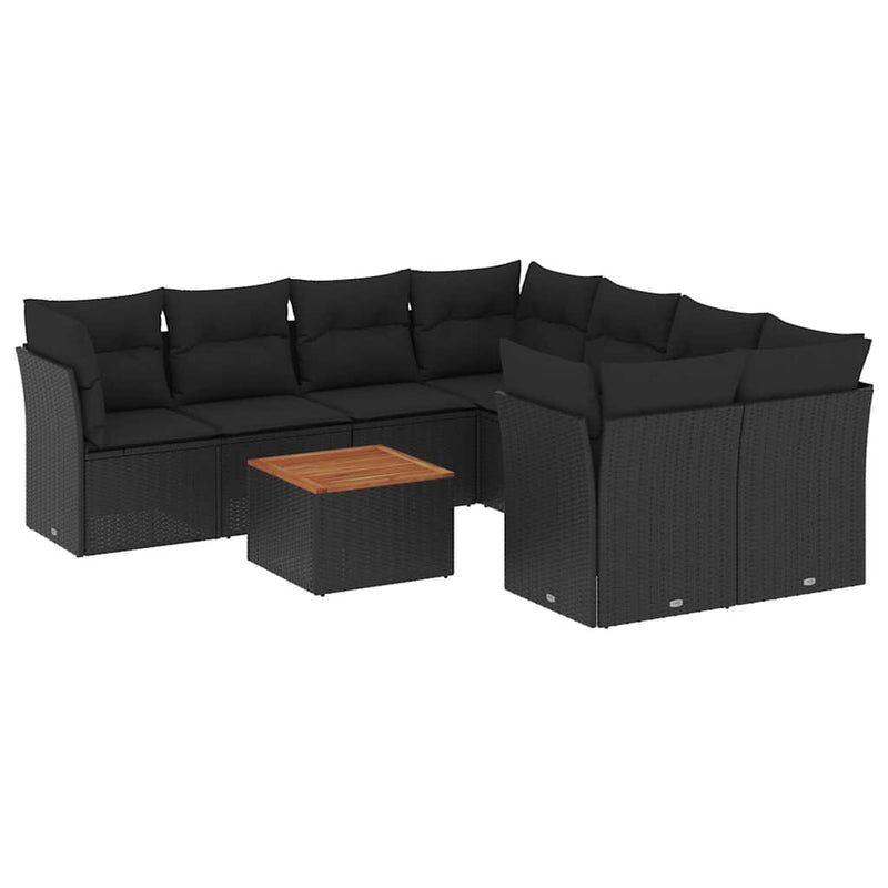 Set mobilier de grădină cu perne, 9 piese, negru, poliratan