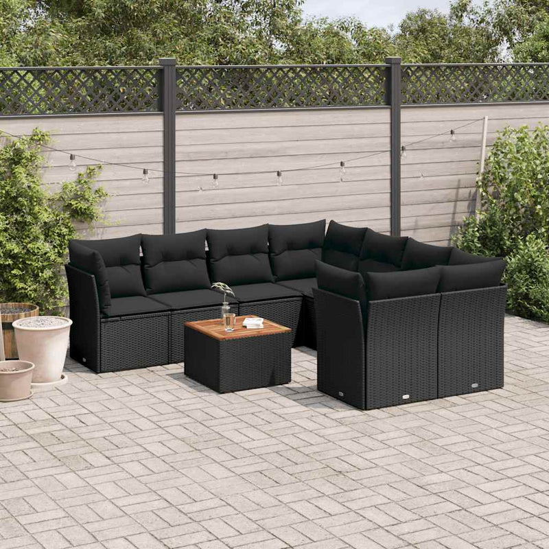 Set mobilier de grădină cu perne, 9 piese, negru, poliratan