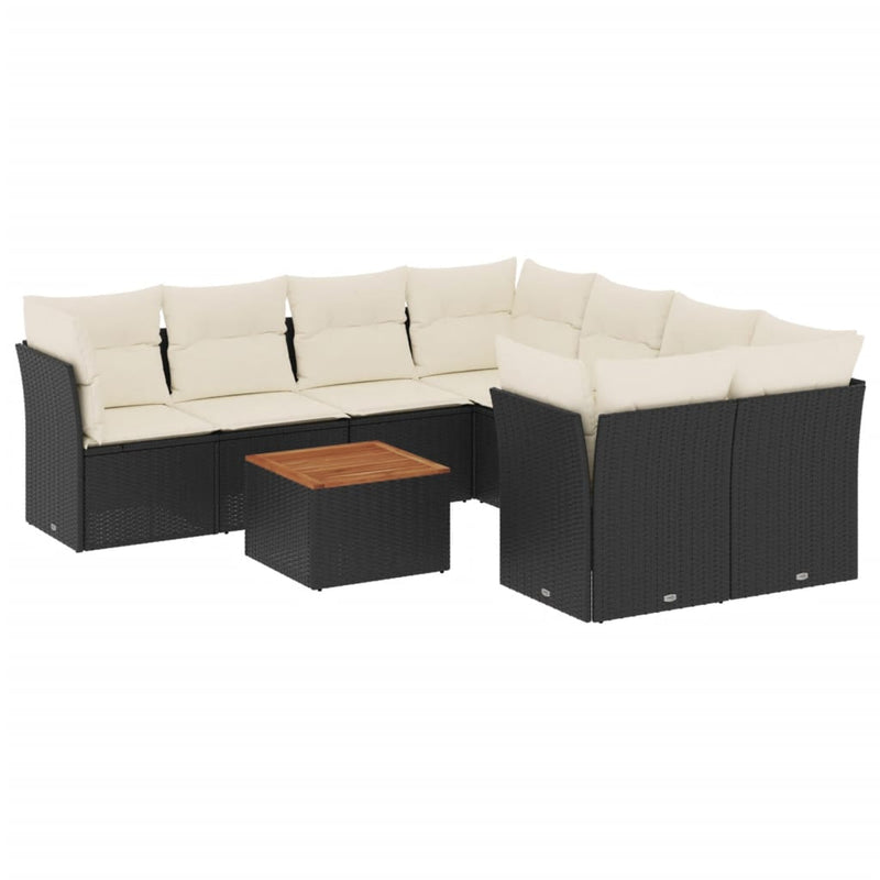 Set mobilier de grădină cu perne, 9 piese, negru, poliratan