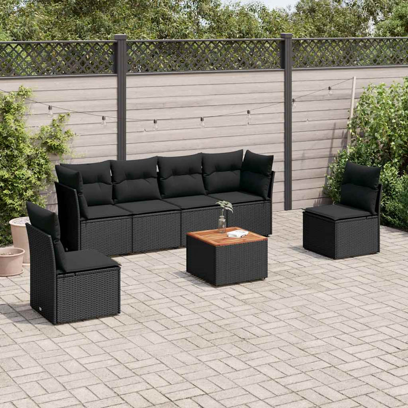 Set canapele de grădină cu perne, 7 piese, negru, poliratan