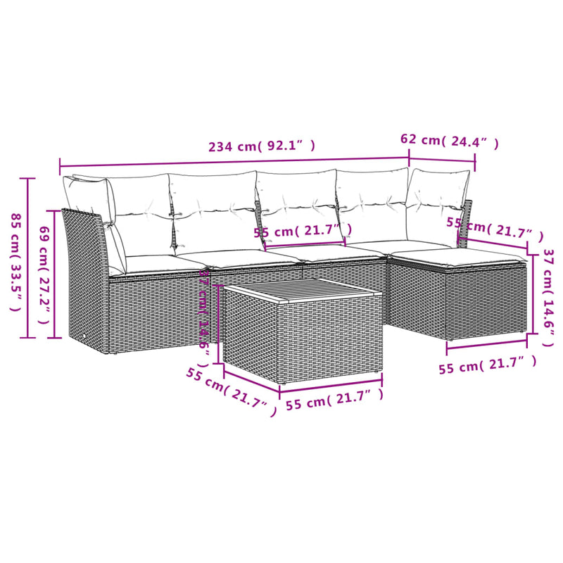 Set mobilier grădină cu perne, 6 piese, gri, poliratan