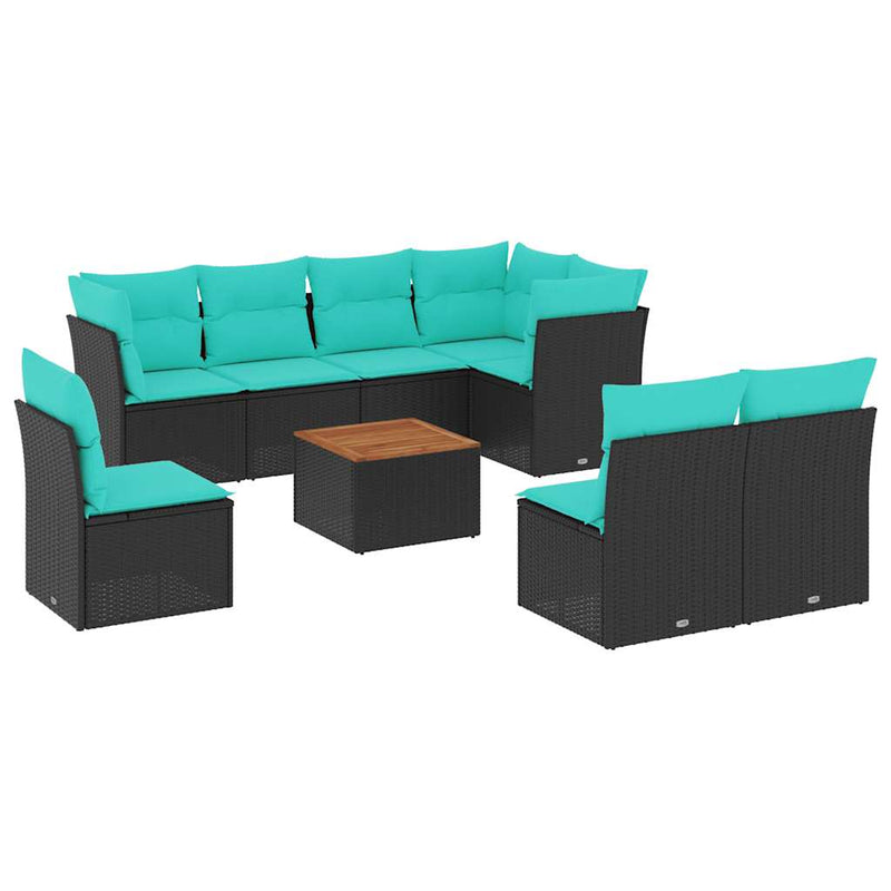 Set mobilier de grădină cu perne, 9 piese, negru, poliratan