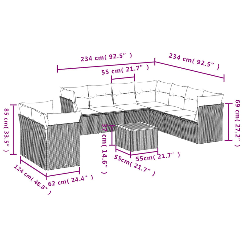 Set mobilier de grădină cu perne, 10 piese, gri, poliratan