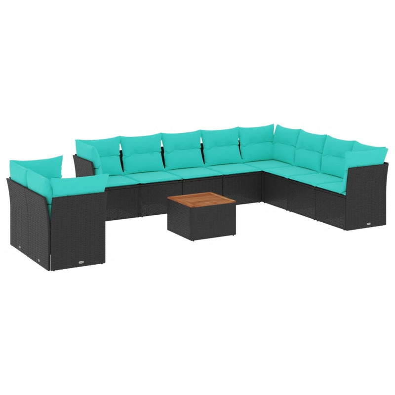 Set canapele de grădină cu perne, 11 piese, negru, poliratan
