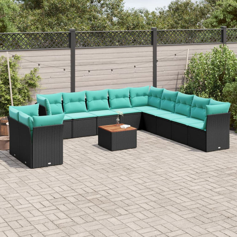 Set mobilier de grădină cu perne, 12 piese, negru, poliratan