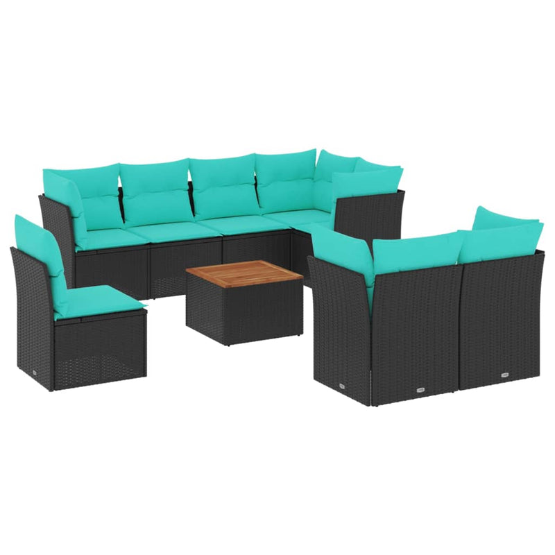 Set mobilier de grădină cu perne, 9 piese, negru, poliratan
