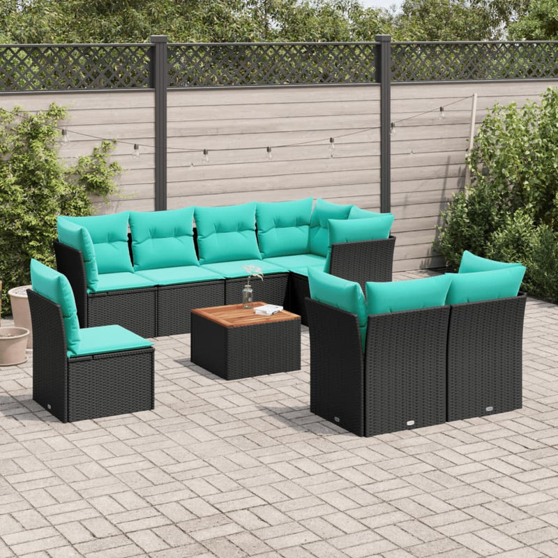 Set mobilier de grădină cu perne, 9 piese, negru, poliratan