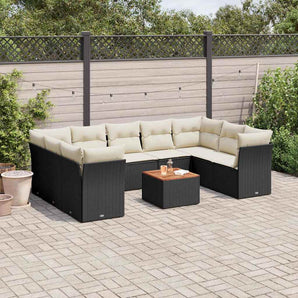 Set canapele de grădină cu perne, 10 piese, negru, poliratan