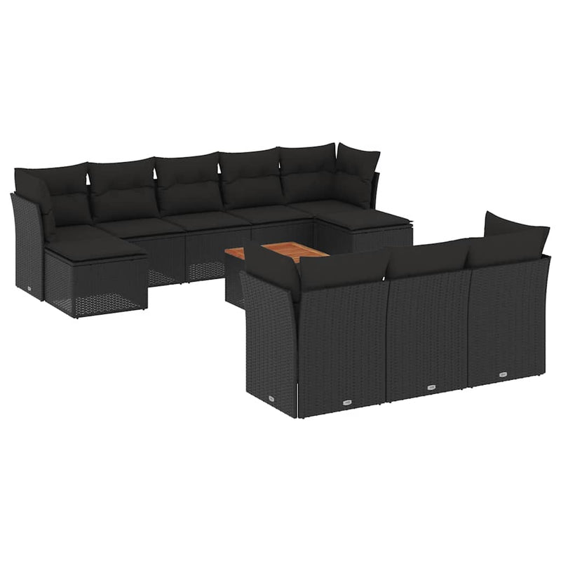 Set canapele de grădină cu perne, 11 piese, negru, poliratan
