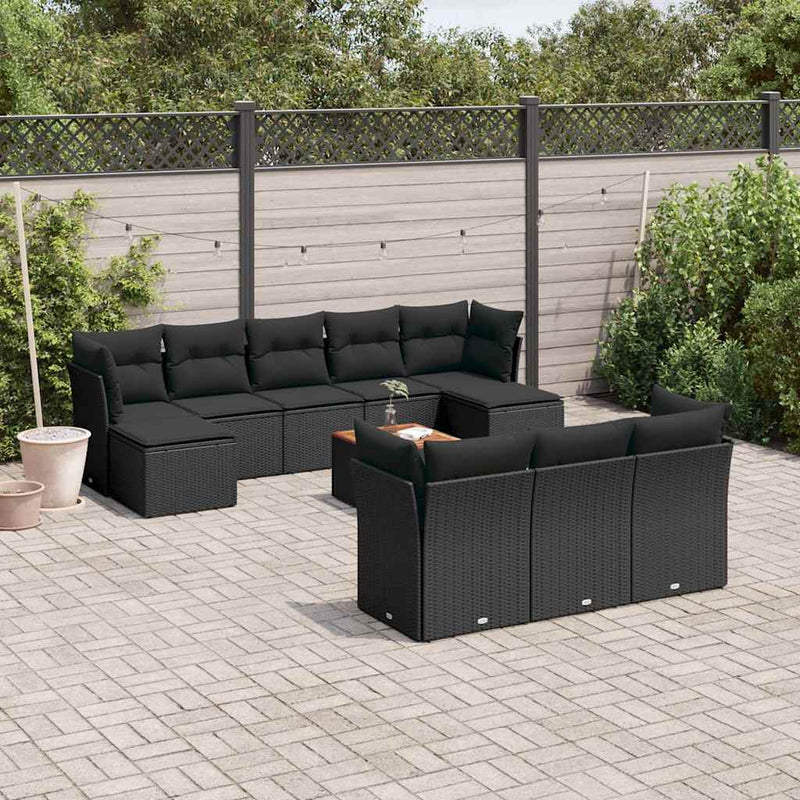 Set canapele de grădină cu perne, 11 piese, negru, poliratan
