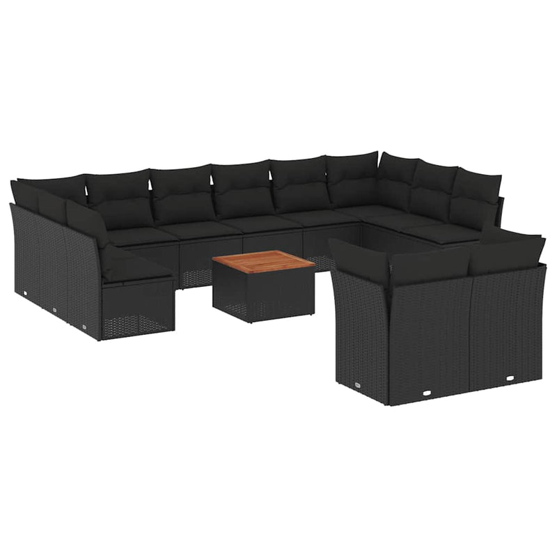 Set mobilier de grădină cu perne, 13 piese, negru, poliratan