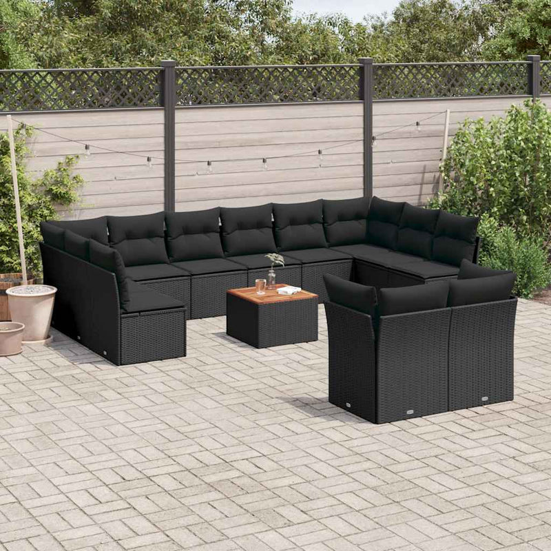 Set mobilier de grădină cu perne, 13 piese, negru, poliratan