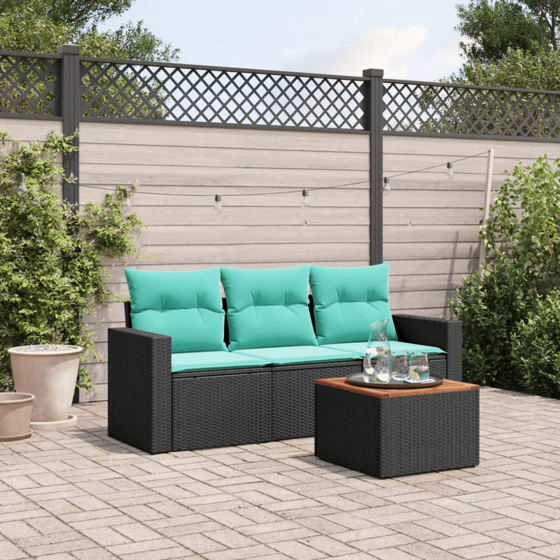 Set mobilier de grădină cu perne, 4 piese, negru, poliratan