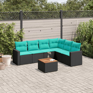 Set canapele de grădină cu perne, 7 piese, negru, poliratan