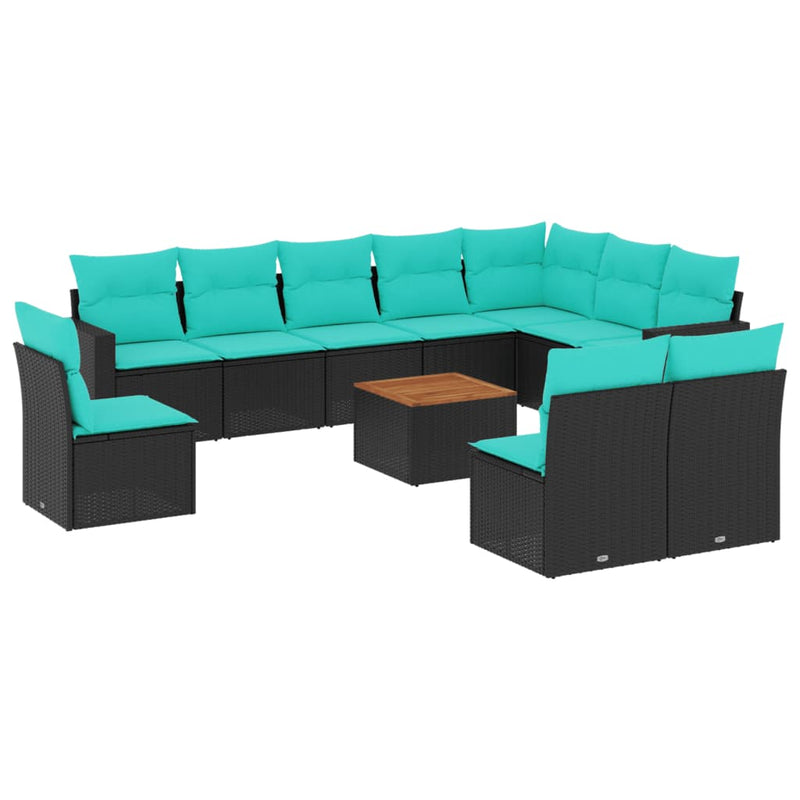 Set canapele de grădină cu perne, 11 piese, negru, poliratan