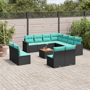 Set mobilier de grădină cu perne, 12 piese, negru, poliratan