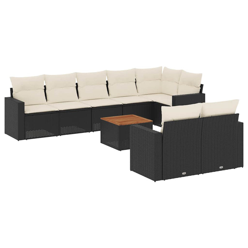 Set mobilier de grădină cu perne, 9 piese, negru, poliratan