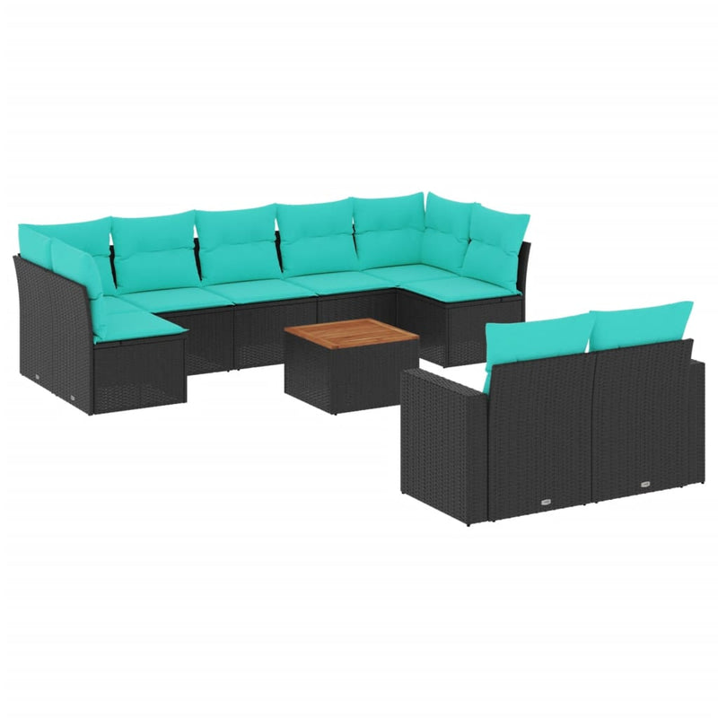 Set canapele de grădină cu perne, 10 piese, negru, poliratan