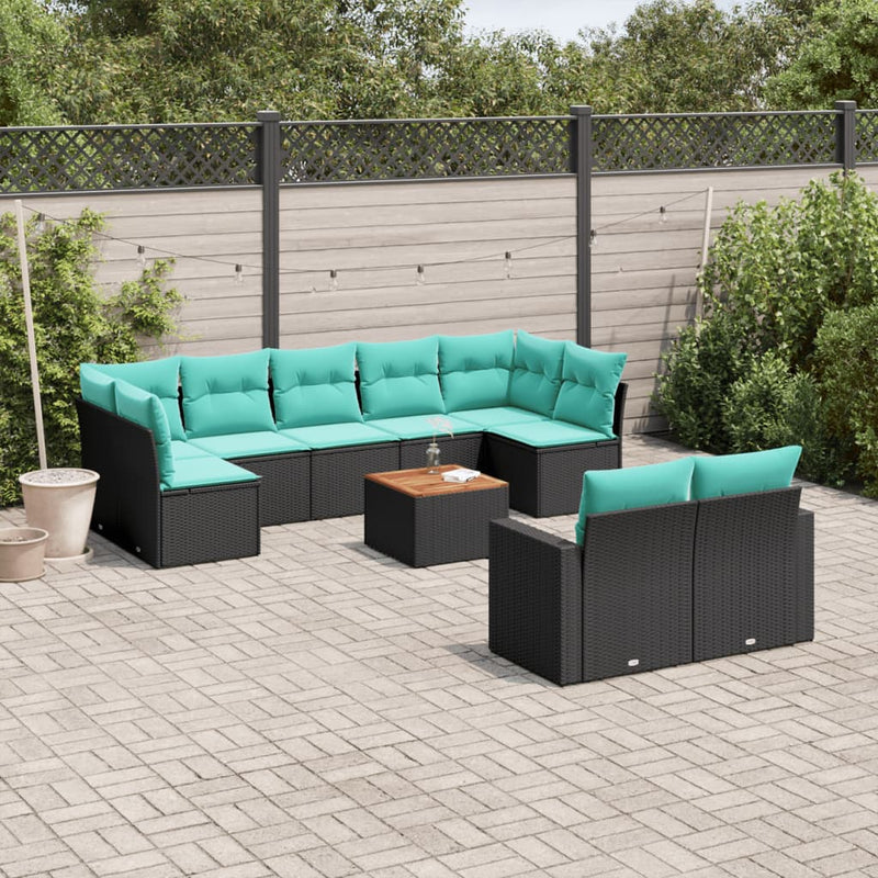 Set canapele de grădină cu perne, 10 piese, negru, poliratan