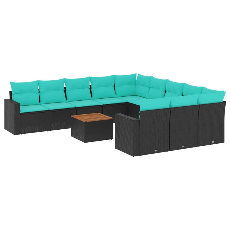 Set mobilier de grădină cu perne, 12 piese, negru, poliratan