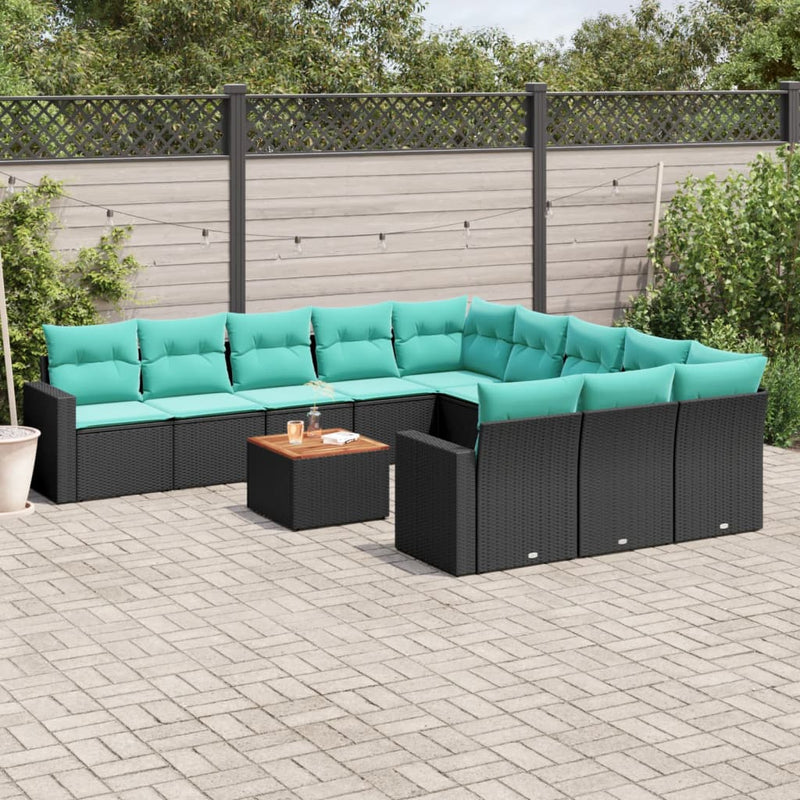 Set mobilier de grădină cu perne, 12 piese, negru, poliratan