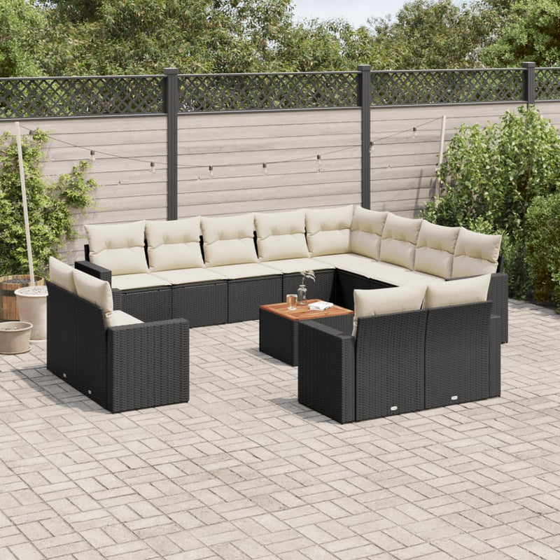 Set mobilier de grădină cu perne, 13 piese, negru, poliratan