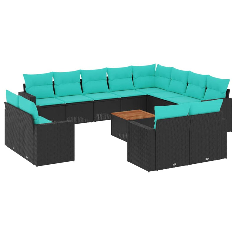 Set mobilier de grădină cu perne, 13 piese, negru, poliratan