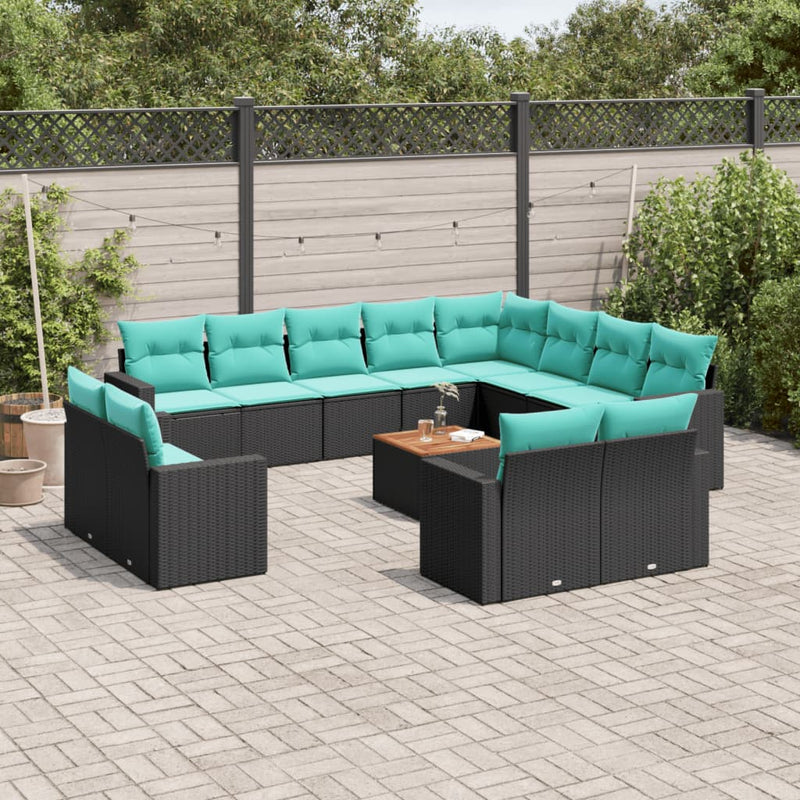 Set mobilier de grădină cu perne, 13 piese, negru, poliratan