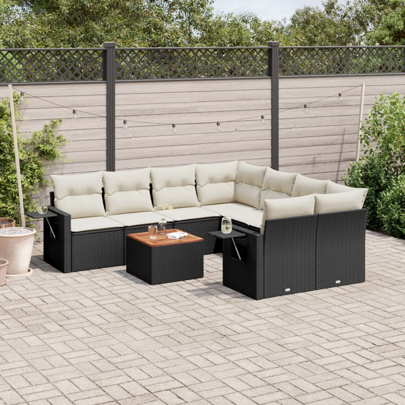 Set mobilier de grădină cu perne, 9 piese, negru, poliratan
