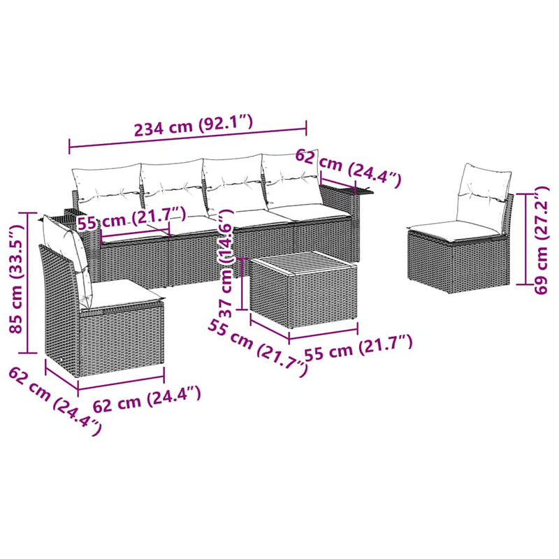 Set canapele de grădină cu perne, 7 piese, negru, poliratan