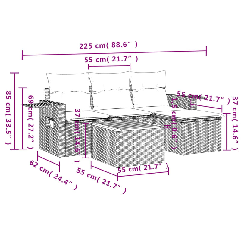 Set mobilier de grădină cu perne, 5 piese, negru, poliratan