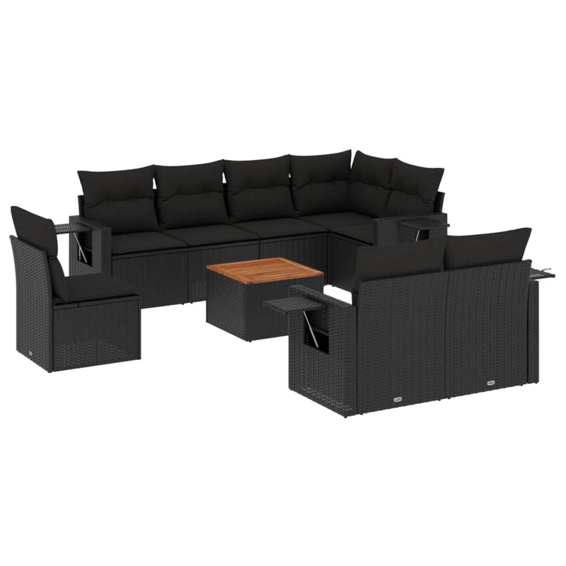 Set mobilier de grădină cu perne, 9 piese, negru, poliratan