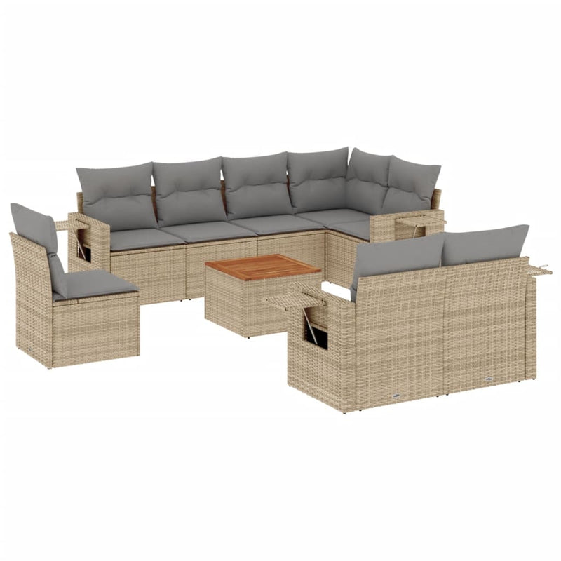 Set canapele de grădină, 9 piese, cu perne, bej, poliratan
