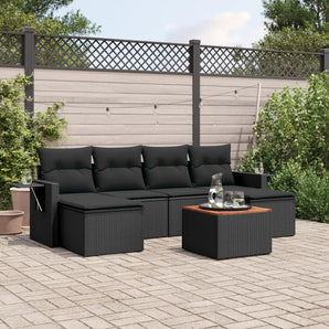 Set canapele de grădină cu perne, 7 piese, negru, poliratan