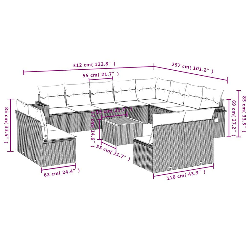 Set mobilier de grădină cu perne, 13 piese, negru, poliratan