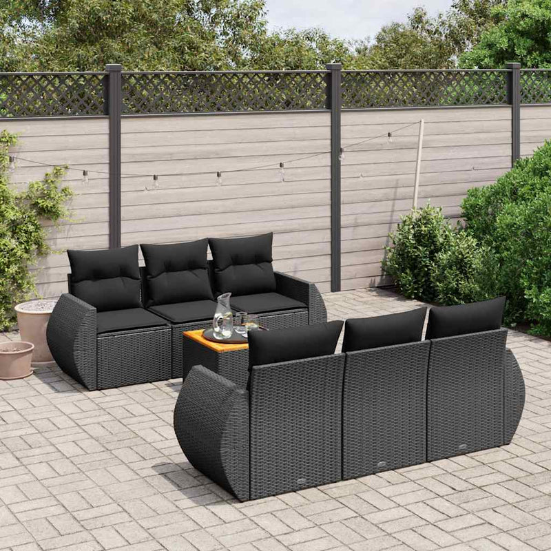 Set canapele de grădină cu perne, 7 piese, negru, poliratan