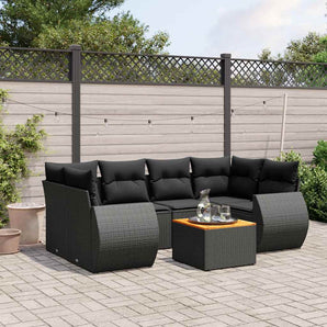 Set canapele de grădină cu perne, 7 piese, negru, poliratan
