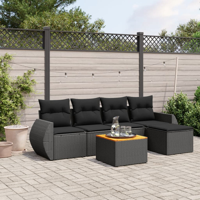 Set mobilier de grădină cu perne, 6 piese, negru, poliratan