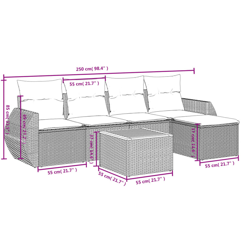 Set mobilier grădină cu perne, 6 piese, gri, poliratan