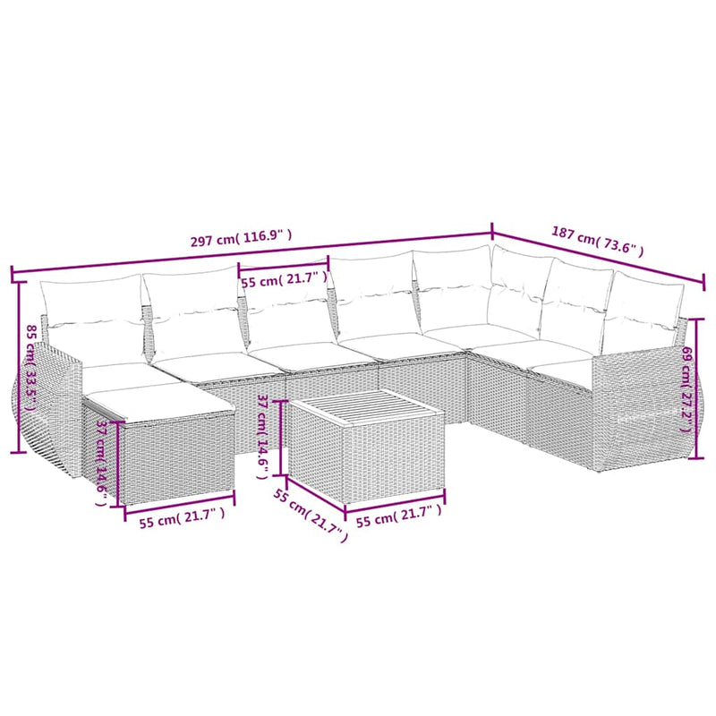 Set mobilier de grădină cu perne, 9 piese, negru, poliratan