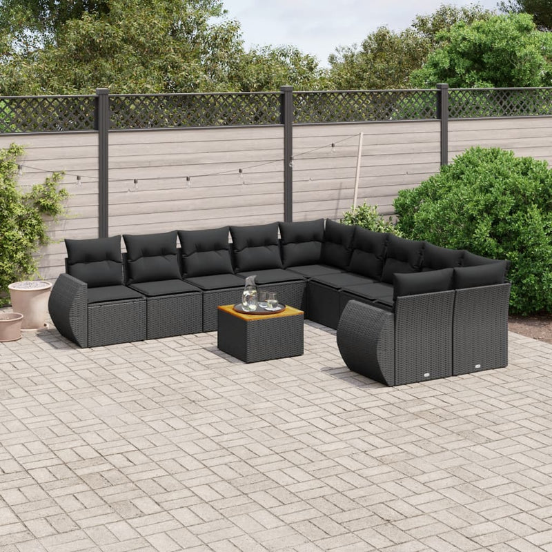 Set canapele de grădină cu perne, 11 piese, negru, poliratan