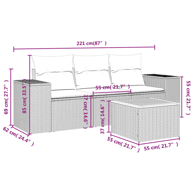 Set mobilier de grădină cu perne, 4 piese, negru, poliratan