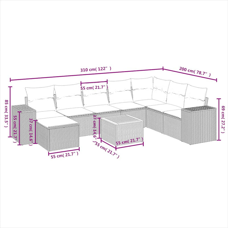 Set mobilier de grădină cu perne, 9 piese, negru, poliratan