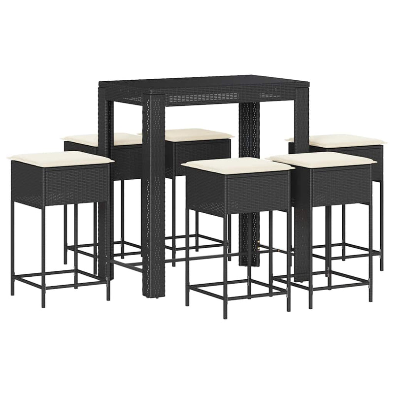 Set bar de grădină, 7 piese, cu perne, negru, poliratan