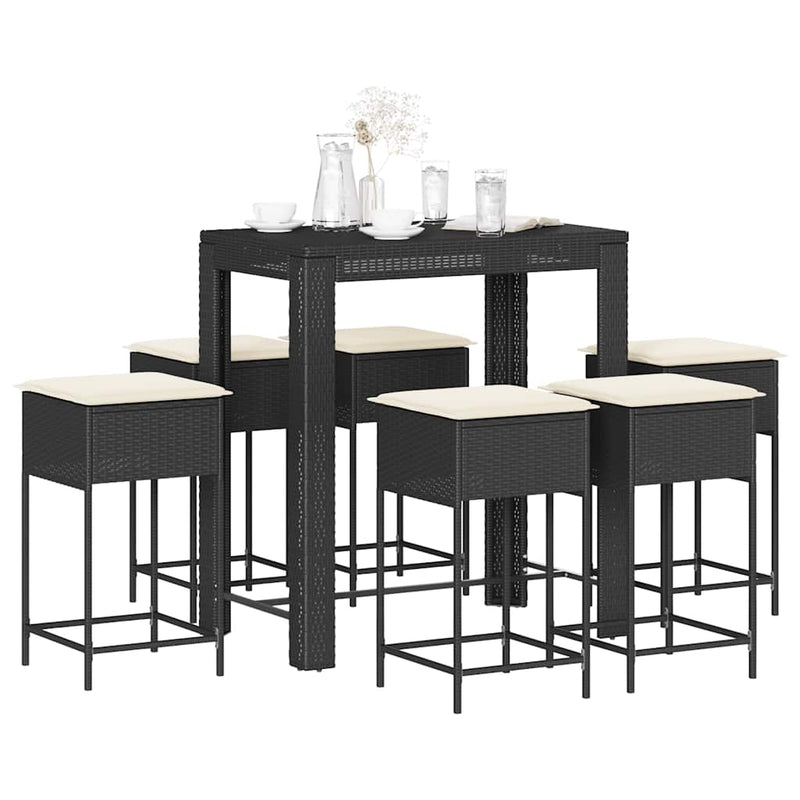 Set bar de grădină, 7 piese, cu perne, negru, poliratan