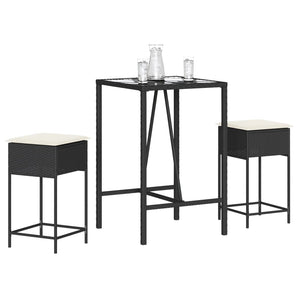 Set mobilier bar de grădină cu perne, 3 piese, negru, poliratan